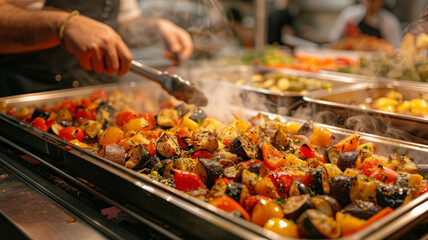 Obraz premium Person roasting assorted vegetables in a buffet setting.