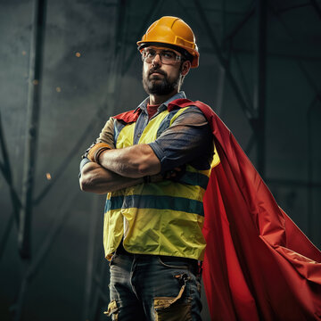 Construction worker wearing red cape posing with arms crossed