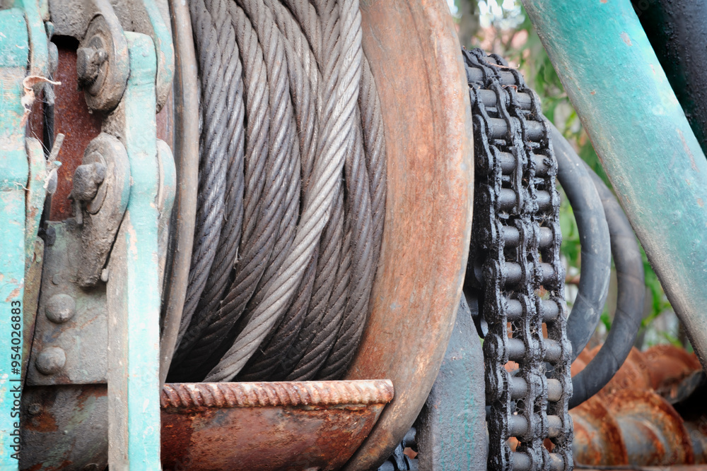 Poster a old chain and a rope are shown in close up. the chain is attached to the rope and the rope is atta
