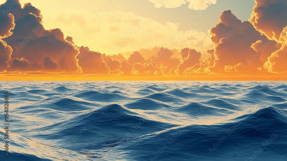 Poster captivating sunset over calm ocean waves with dramatic clouds reflecting warm hues in the sky creati