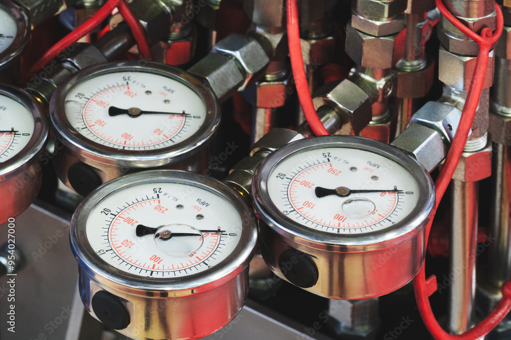 Aufkleber A group of white and red gauges are lined up next to each other. The gauges are all different sizes and are all connected to a pipe