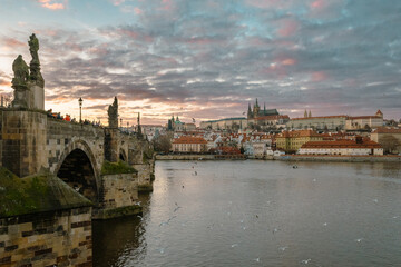 Beautiful winter sunset in Prague