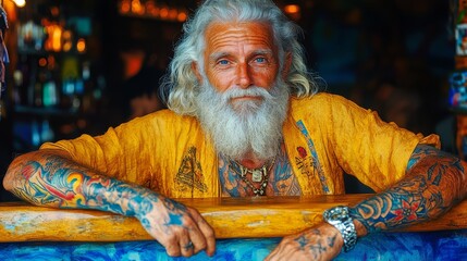 Obraz premium A tattooed elder with long gray hair relaxes at a vibrant bar adorned with colorful decor enjoying the lively atmosphere