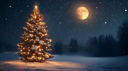 A serene winter night scene with a glowing Christmas tree in the foreground sparkling stars reflecting off the snow and a dreamy full moon illuminating the peaceful snowy landscape