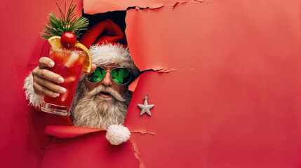 Cool santa claus wearing sunglasses holding cocktail breaking through red background © Александр Марченко