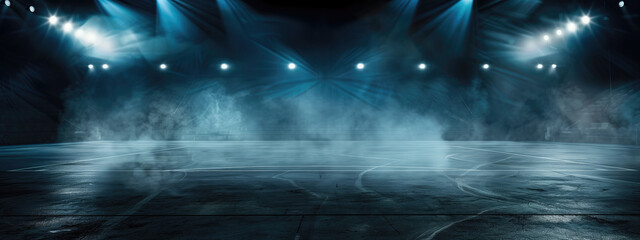 Empty basketball court with dramatic lighting and smoke