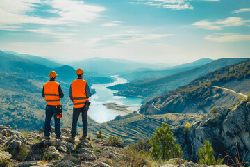 Fototapeta premium Two environmental engineers overlooking a picturesque valley from a mountain, examining grounds for new fossil free power plant