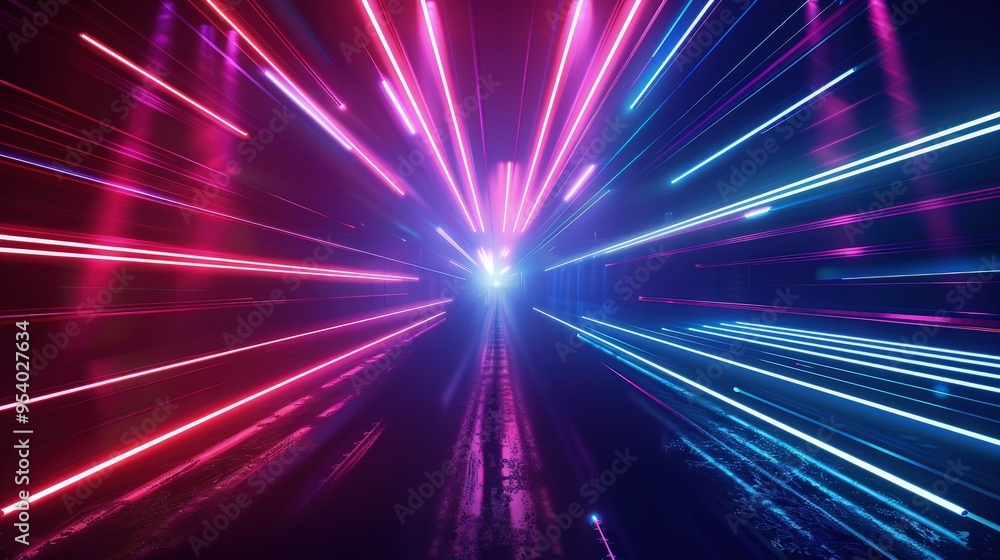 Poster a vibrant display of neon lights converging towards a central point, creating a dynamic sense of mov