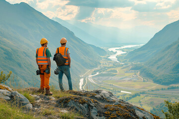 Two environmental engineers overlooking a picturesque valley from a mountain, examining grounds for new fossil free power plant