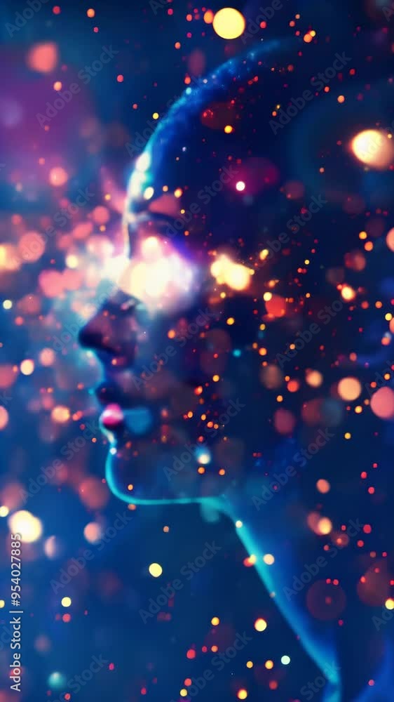 Poster colorful side profile of a digital face with abstract glowing particles. futuristic ai concept blend