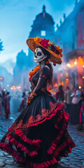 Fototapeta premium Imagine walking through a magical Mexican town during the Porfiriato, in celebration of the Day of the Dead on November 2. The cobblestone streets are decorated with confetti and candles