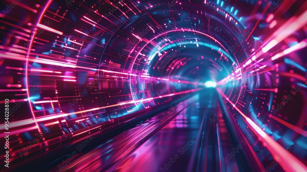 Poster a vibrant, futuristic tunnel with dynamic light patterns suggesting speed and movement.