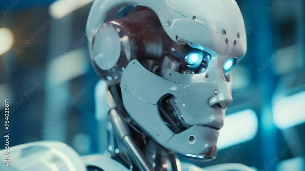 Poster Close-up of an advanced humanoid robot face with glowing blue eyes. Futuristic AI and robotics concept symbolizing technological evolution.