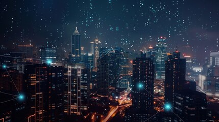 Nighttime Cityscape with Digital Network Overlay