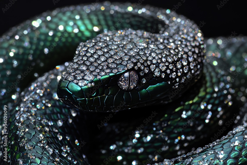 Wall mural a close-up of a green snake covered in sparkling diamonds, symbolizing the protective spirit and wis