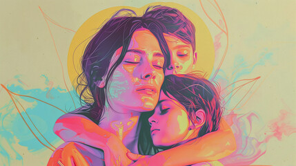 2d realistic artwork painting of motherhood concept panorama, a mother with kids, a woman with children cinematic digital painting, mother's day storytelling illustration, group of infants orphans