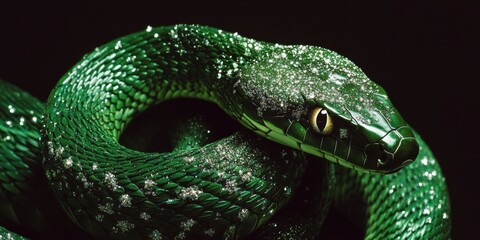 Fototapeta premium Background of Detailed green snake with sparkling diamonds, symbol 2025. Greeting cards, New Year’s party invitations, background, backdrop, flayer, luxury products, event promotions