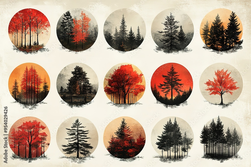 Poster a collection of forest scenes with trees in various sizes and positions