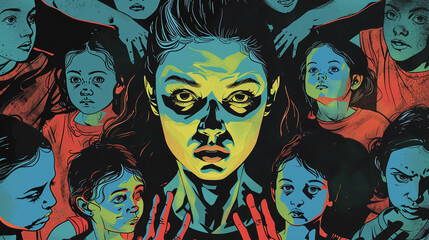 2d digital painting of motherhood concept panorama, a sad mother with kids, a woman with children cinematic digital painting, mother's day storytelling illustration, group of infants orphans