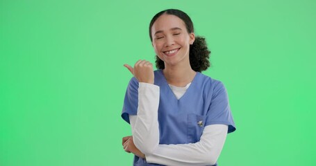 Nurse, woman and happy with pointing on green screen for healthcare information or advertising medicine. Medical expert, portrait or hand gesture for deal and announcement on studio background mockup