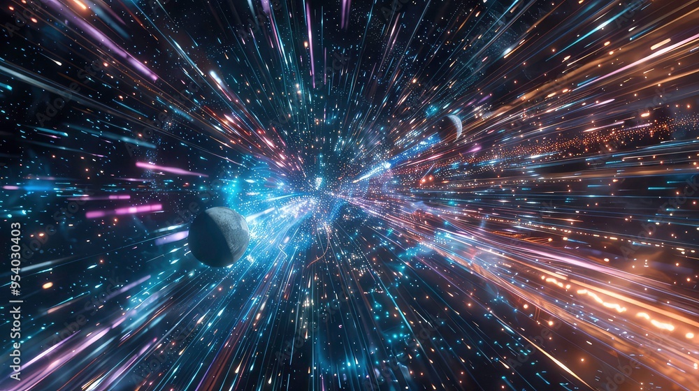 Wall mural abstract cosmic background with blurred lights, streaks, and a planet in the distance.