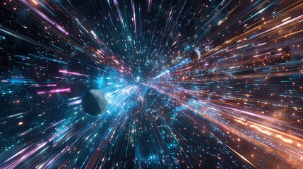 Abstract cosmic background with blurred lights, streaks, and a planet in the distance.