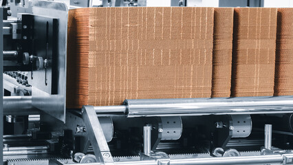 Elements of corton boxes are collected in stack. Conveyor line for the production of boxes. Machine...