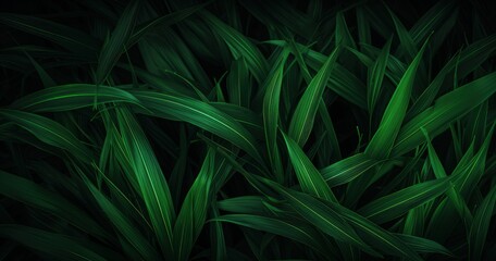 A close-up view of lush green grass blades, showcasing vibrant textures and shades of green against a dark background.