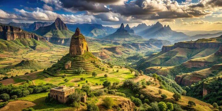 Breathtakingly Beautiful Highlands In Ethiopia, Showcasing Towering Mountains, Lush Meadows, And Ancient Monasteries.