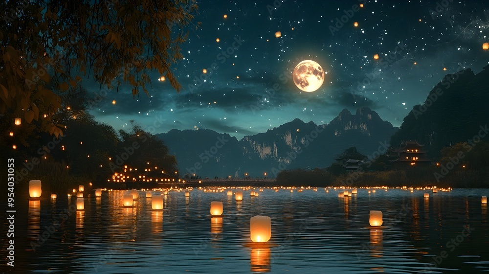 Aufkleber floating lanterns create a mesmerizing glow on the calm river surface set against a starry sky and a