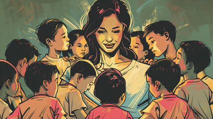 2d digital painting of motherhood concept panorama, a mother with kids, a woman with children cinematic digital painting, mother's day storytelling illustration, group of infants orphans