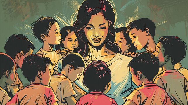 2d digital painting of motherhood concept panorama, a mother with kids, a woman with children cinematic digital painting, mother's day storytelling illustration, group of infants orphans