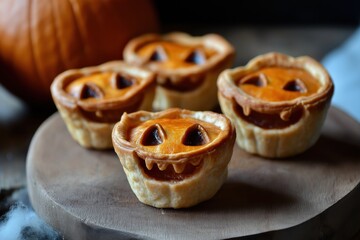 Mini pumpkin pies with jack-o'-lantern faces, perfect for a spooky and festive Halloween dessert. Helloween food