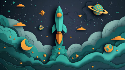 Obraz premium Paper Cut Style Rocket and Moon