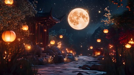 Fototapeta premium Enchanting Mid Autumn Festival Scene with Glowing Lanterns Sparkling Stars and a Serene Full Moon Illuminating the Tranquil Garden