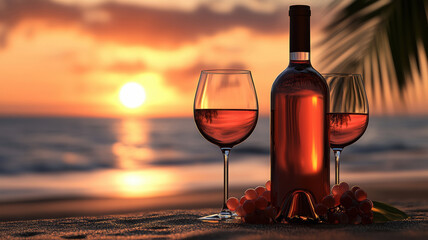 Seashore sunset with wine bottle and glasses