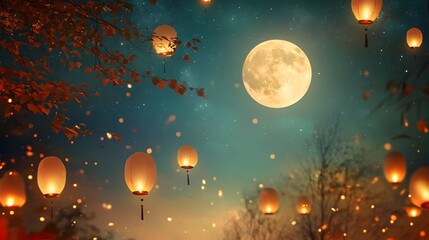 Fototapeta premium Mesmerizing celestial lanterns gently drift across a dreamy night sky filled with sparkling stars and a radiant full moon celebrating the serene beauty of the Mid Autumn Festival