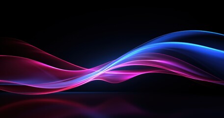 A dynamic abstract design featuring flowing waves of pink and blue light against a dark background, evoking a sense of motion and energy.