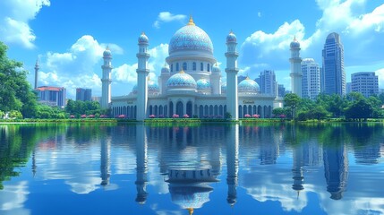 Majestic mosque reflects in tranquil waters under a brilliant blue sky in an urban setting surrounded by lush greenery