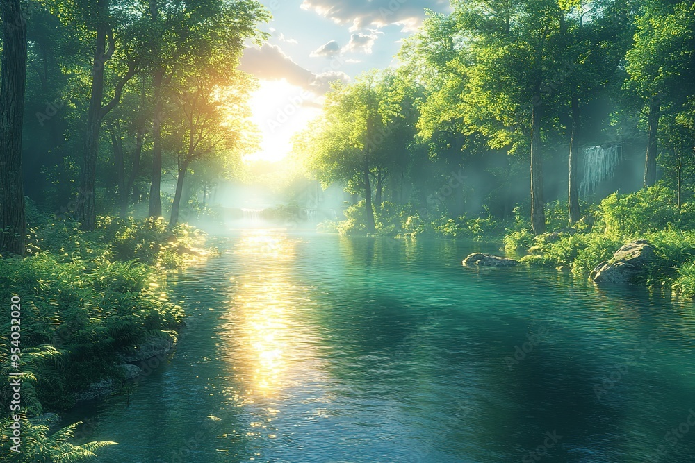 Poster a serene forest scene with a river running through it