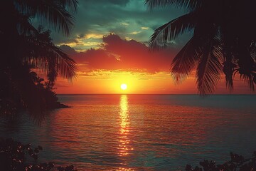 A beautiful sunset over the ocean with palm trees in the background