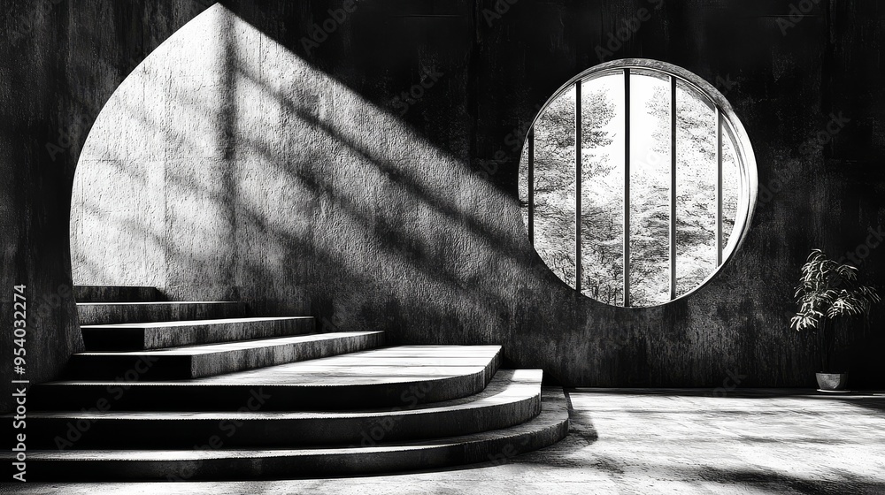 Poster a serene interior with circular window and dramatic light casting shadows on steps in a minimalist s