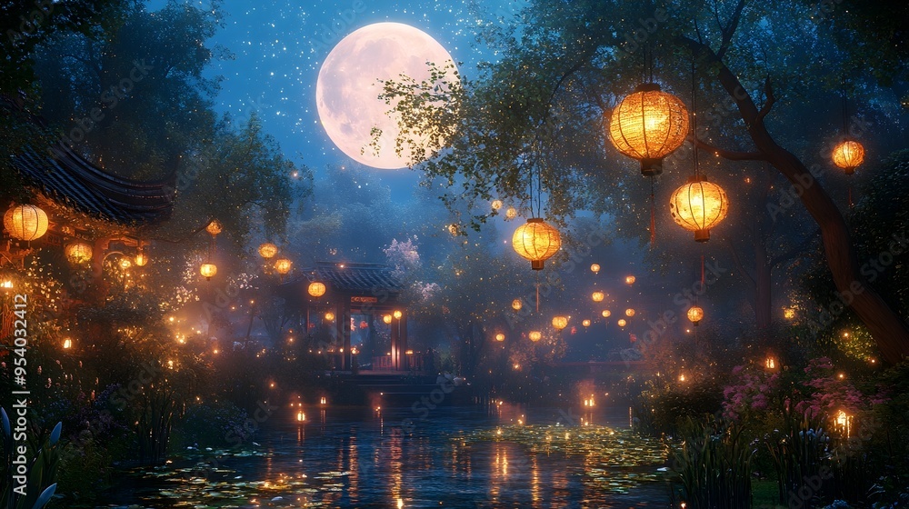 Aufkleber a tranquil garden bathed in the soft glow of a full moon with sparkling stars and lanterns hanging f