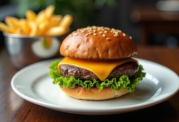 Closeup of a Cheeseburger with Lettuce and a Side of French Fries