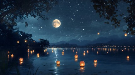 Naklejka premium Captivating mid autumn lakeside scene with the full moon s radiant reflection on the water s surface surrounded by sparkling stars and gently floating lanterns
