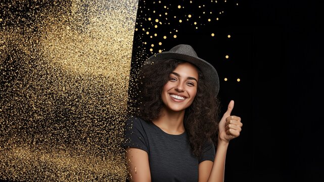 Exquisiter Black Friday Flyer mit einer sympathisch l&auml;chelnden Frau die Daumen hoch h&auml;lt