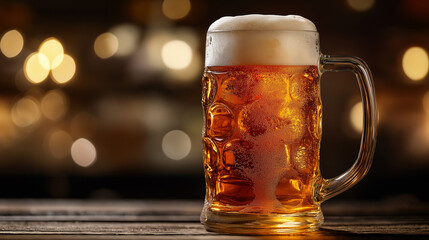 On theme of foamy German beer in large glass mug for celebration holiday Oktoberfest