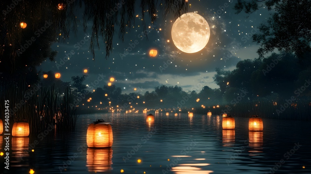 Poster peaceful river lit by the full moon with sparkling stars and lanterns floating gently on the water c