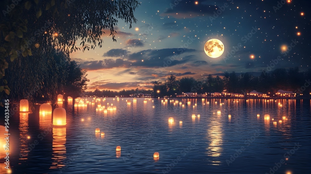 Poster peaceful and tranquil river scene lit by the soft glow of a full moon with sparkling stars in the ni