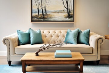 interior, contemporary living room, beige tufted sofa, aqua blue accent pillows, wooden coffee...